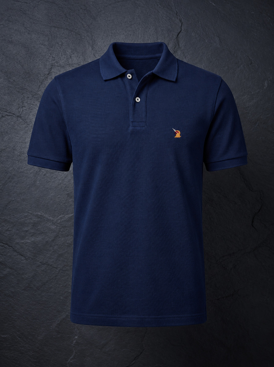 The St John Parker polo in navy piqué, the embroidered bird at the left chest.