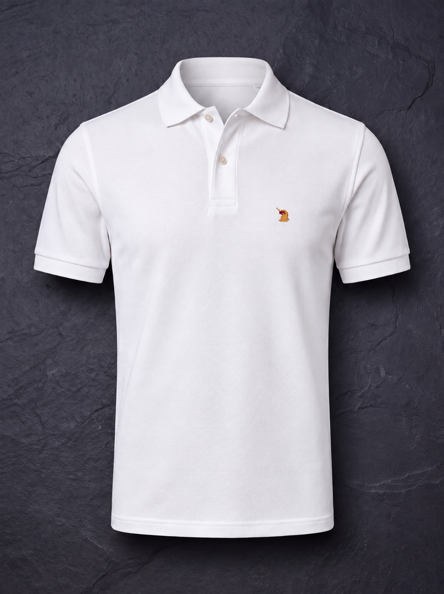 The St John Parker polo in white piqué on dark slate, the embroidered bird at the left chest.