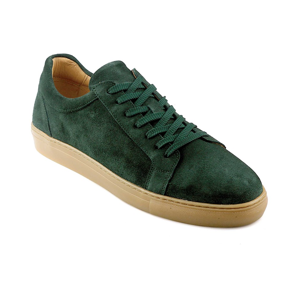 The California sneaker in racing green suede on a gum sole.