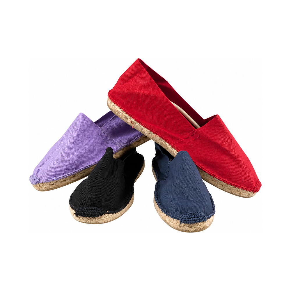 The espadrille in lavender, red, navy and black canvas.